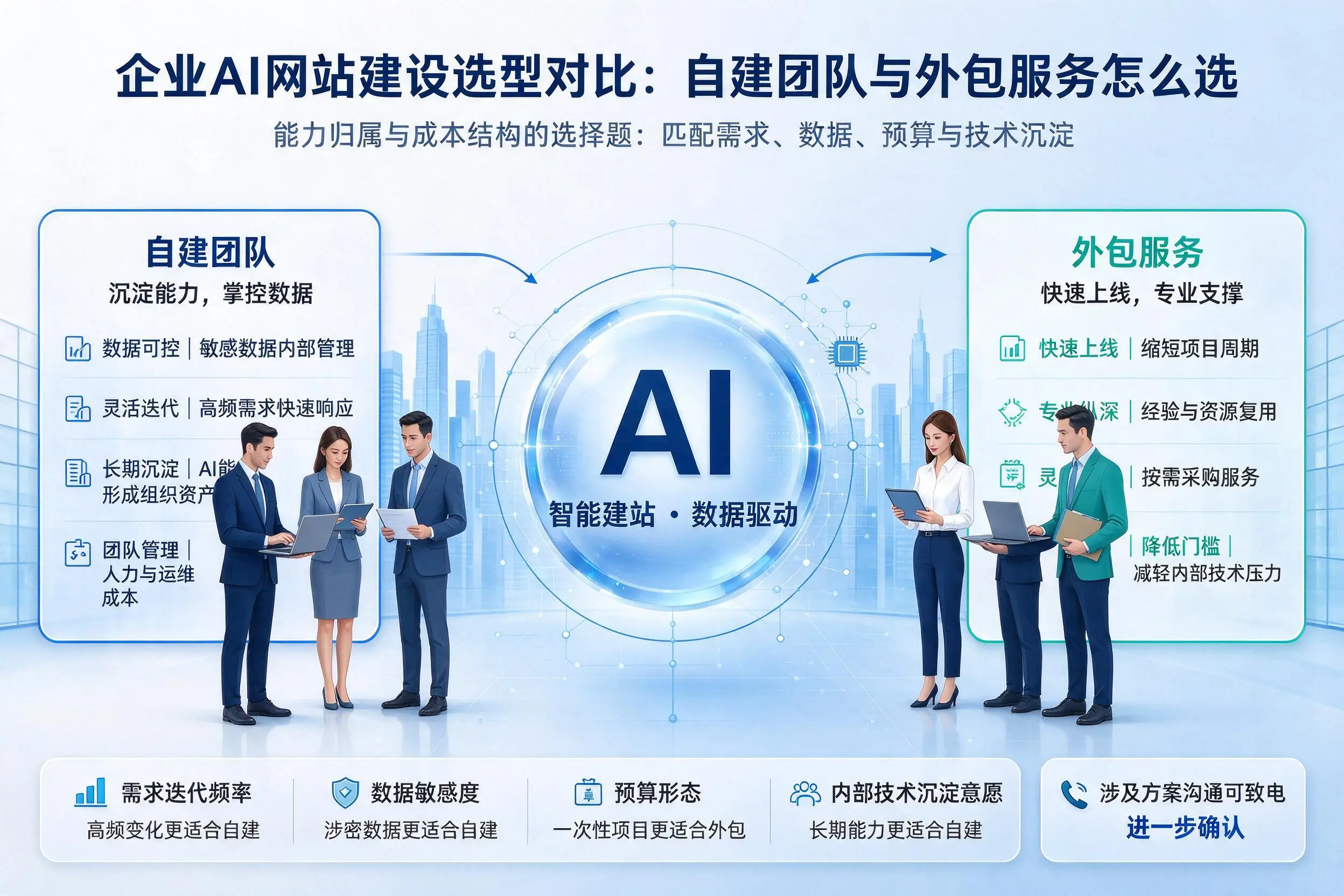 信阳企业AI网站建设选型对比：自建团队与外包服务怎么选